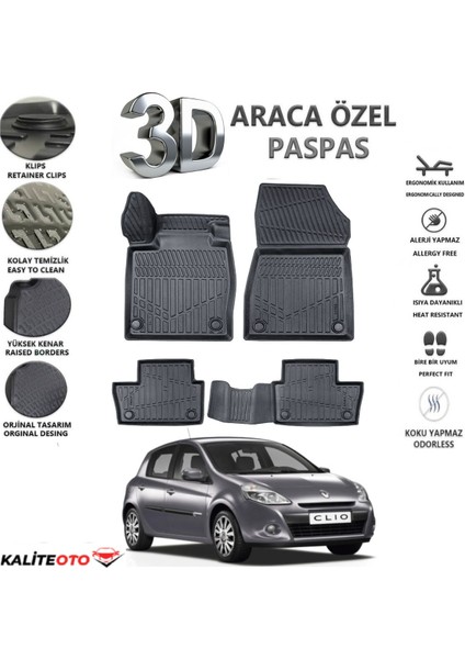 Renault Clio 3 2005-2012 Model Arası Tam Uyumlu Kokusuz 3D Havuzlu Paspas