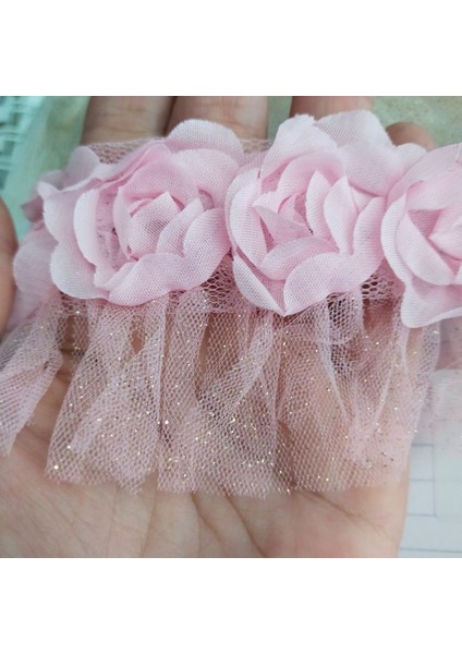 6 cm Genişlik Şerit – Pembe Çiçekli Tül ve Simli Dantel, Dekoratif Aksesuar-2 Metre