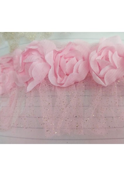 6 cm Genişlik Şerit – Pembe Çiçekli Tül ve Simli Dantel, Dekoratif Aksesuar-2 Metre fiyatları