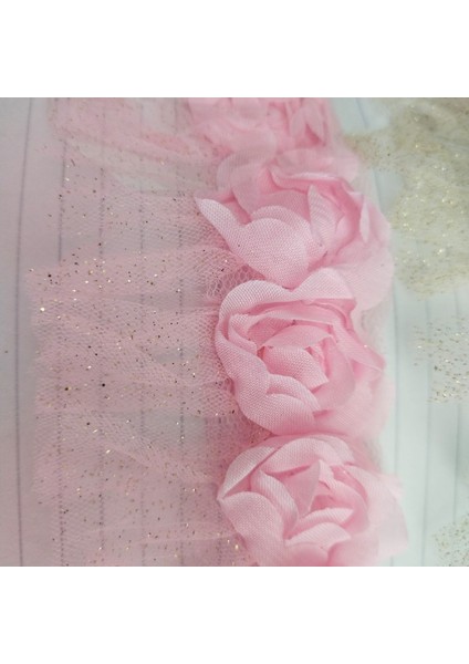 6 cm Genişlik Şerit – Pembe Çiçekli Tül ve Simli Dantel, Dekoratif Aksesuar-2 Metre modelleri