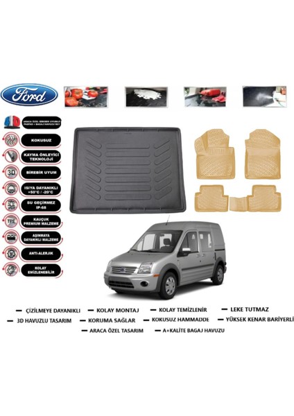 Ford Connect 2010 Model Cepsiz Bagaj Havuzu(Paspası)+Araca Özel Bej Paspas Takımı Flex