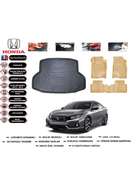 Honda Civic Sedan 2018 Model Bagaj Havuzu(Paspası)+Araca Özel Bej Paspas Takımı Flex