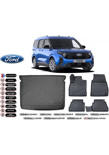 Ford Courier 2024 Model Bagaj Havuzu Araca Özel Siyah Extra Havuzlu Paspas Takımı