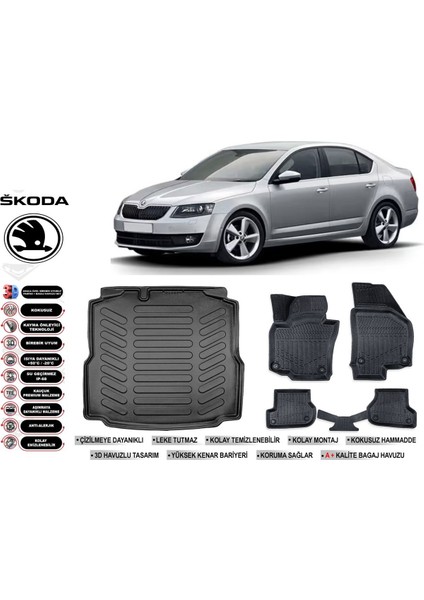 Skoda Octavia 2018 Model Bagaj Havuzu Araca Özel Siyah Extra Havuzlu Paspas Takımı