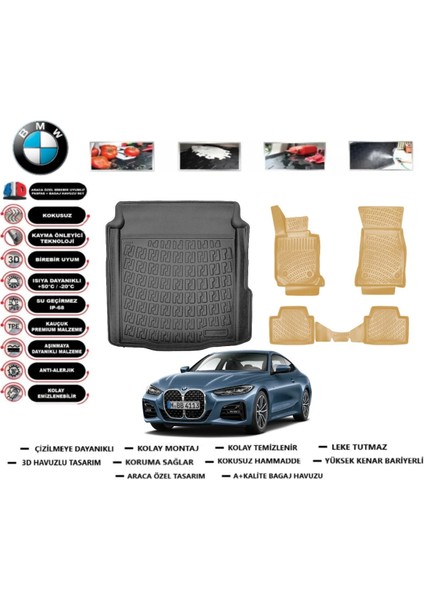 Bmw 4 Serisi Coupe 2022 Model Bagaj Havuzu(Paspası)+Araca Özel Bej Paspas Takımı Flex
