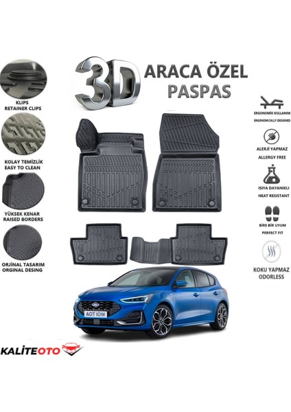 Ford Focus 5 Hatchback 2023 Model Tam Uyumlu Kokusuz 3D Havuzlu Paspas