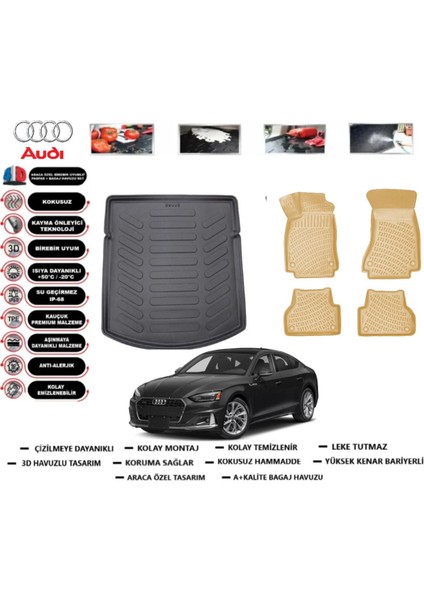 Audi A5 2023 Model Bagaj Havuzu(Paspası)+Araca Özel Bej Paspas Takımı Flex