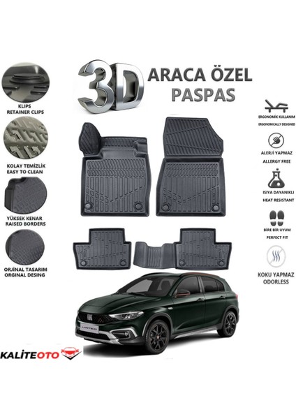 Fiat Egea Cross 2021 Model Tam Uyumlu Kokusuz 3D Havuzlu Paspas