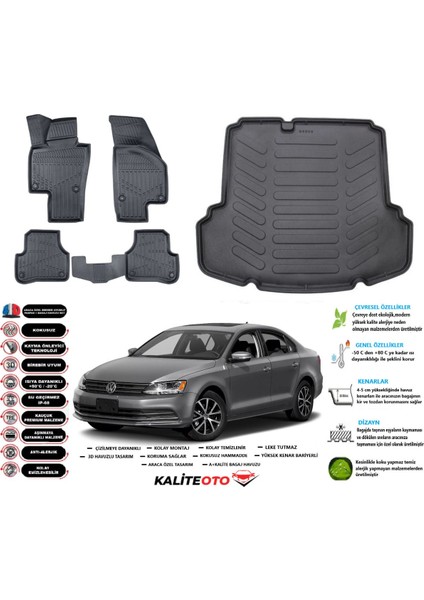 Volkswagen Jetta 2015 Model Cepli Esnek Bagaj Havuzu Araca Özel Siyah Paspas Takımı