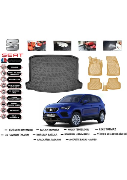Seat Ateca 2021 Model Bagaj Havuz Paspası+Araca Özel Bej Paspas Takımı Pro