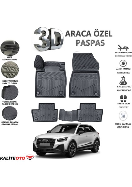 Audi Q2 2019 Model Tam Uyumlu Kokusuz 3D Havuzlu Paspas
