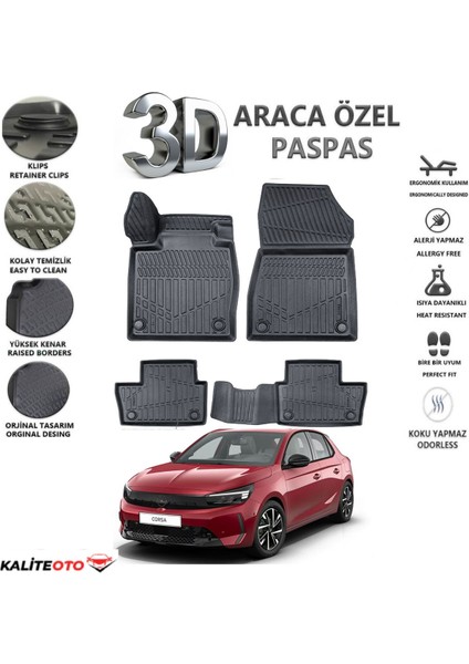 Opel Corsa F 2019 Model Tam Uyumlu Kokusuz 3D Havuzlu Paspas