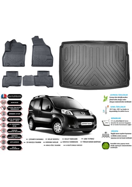 Peugeot Bipper 2008 Sonrası 3D Bagaj Havuzu+3d Araca Özel Paspas Takımı Birebir Uyumlu