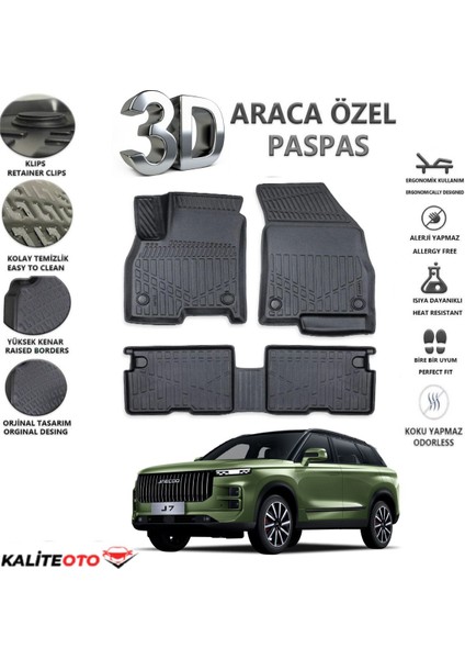 Jaecoo J7 2024 Model 3D Araca Özel Havuzlu Paspas Takımı Kokusuz Birebir Uyumlu