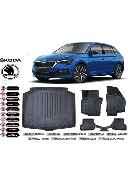 Skoda Scala 2025 Model Bagaj Havuzu Araca Özel Siyah Kokusuz Havuzlu Paspas Takımı