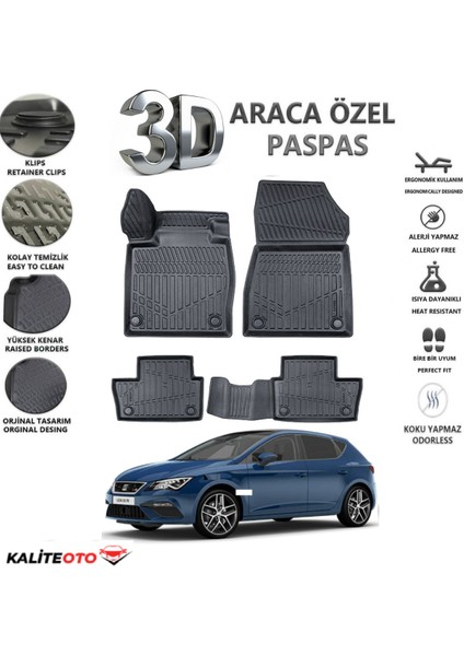 Seat Leon 2013 Model Tam Uyumlu Kokusuz 3D Havuzlu Paspas
