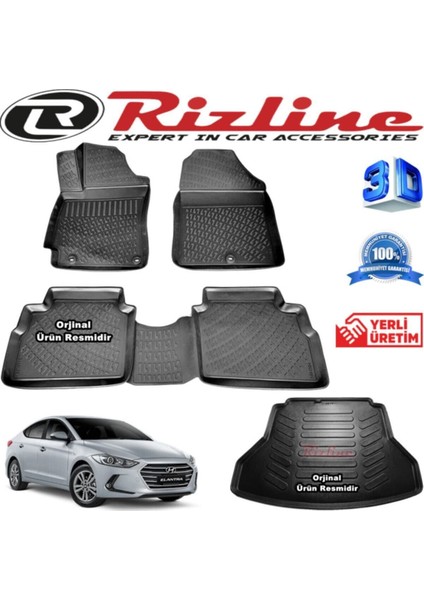 Hyundai Elantra Rizline 3D Paspas + Rizline 3D Bagaj Havuzu 2016 Sonrası Siyah Set