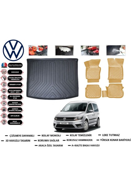Volkswagen Caddy 2013 Model Bagaj Havuzu(Paspası)+Araca Özel Bej Paspas Takımı Flex