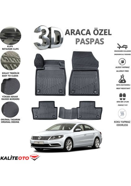 Volkswagen cc 2009 Model Tam Uyumlu Kokusuz 3D Havuzlu Paspas