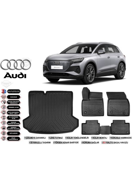 Audi Q4 E-Tron 2024 Model Bagaj Havuzu Araca Özel Siyah Kokusuz Havuzlu Paspas Takımı
