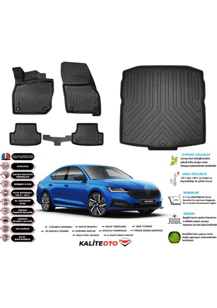 Skoda Octavia 2020 Model Esnek Bagaj Havuzu Araca Özel Siyah Paspas Takımı