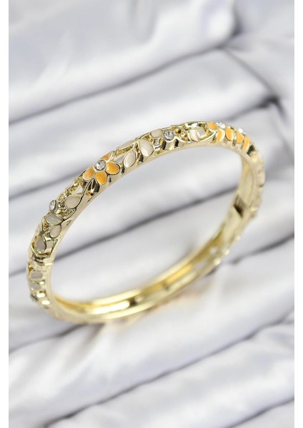 Mineli Pirinç Zirkon Taşlı Sarı Krem Çiçek Motifli Gold Kadın Kelepçe