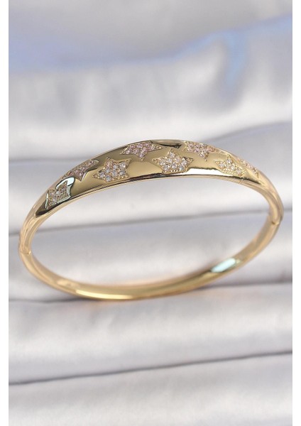 Pirinç Gold Renk Zirkon Taşlı Yıldız Işlemeli Kadın Kelepçe