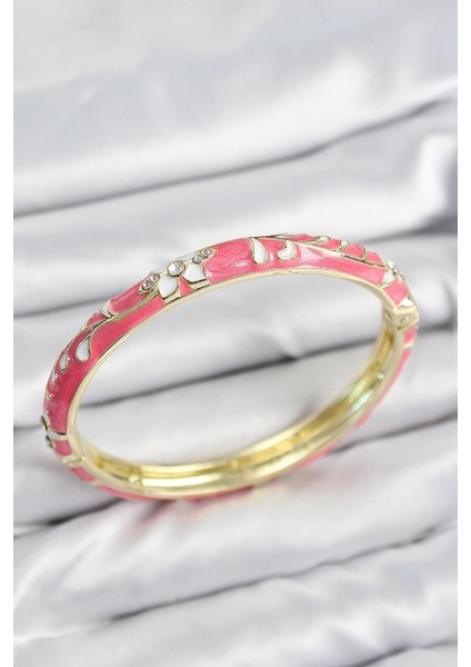 Mineli Pirinç Zirkon Taşlı Pembe Çiçek Motifli Gold Kadın Kelepçe