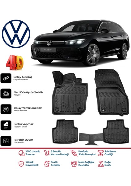 Volkswagen Passat B9 2024 ve Sonrası 4.5d Premium Havuzlu Siyah Paspas Takımı Kokusuz