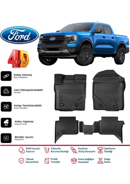 Ford Ranger 2023 ve Sonrası 4.5d Plus Havuzlu Siyah Paspas Takımı Kauçuk