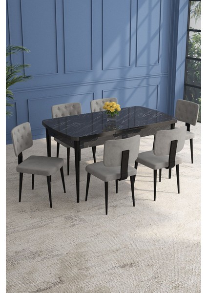 Lars Siyah Mermer 80X132 Açılabilir Mdf Masa Yemek Odası Takımı,mutfak Takımı 6 adet Sandalye