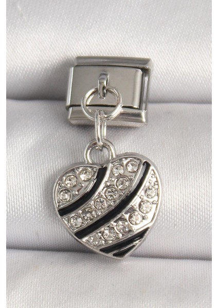 316L Çelik Gümüş Renk Zirkon Taşlı Kalp Model Nomination Charm