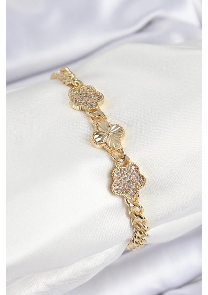 Pirinç Zirkon Taşlı Yonca Model Gold Renk Kadın Bileklik