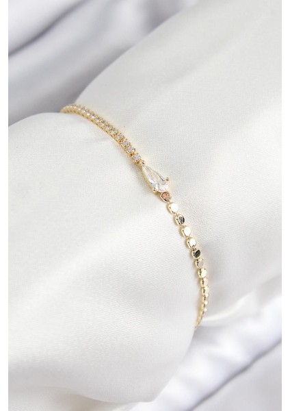 Pirinç Zirkon Taşlı Damla Model Ezme Zincir Gold Renk Kadın Bileklik