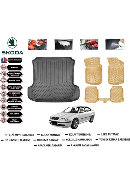 Skoda Octavia 2004 Model Bagaj Havuzu(Paspası)+Araca Özel Bej Paspas Takımı Flex