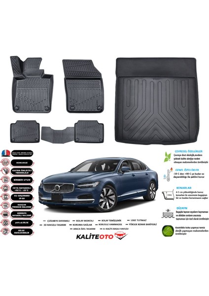 Volvo S90 2021 Model Esnek Bagaj Havuzu Araca Özel Siyah Paspas Seti