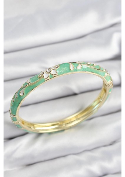 Mineli Pirinç Zirkon Taşlı Yeşil Çiçek Motifli Gold Kadın Kelepçe