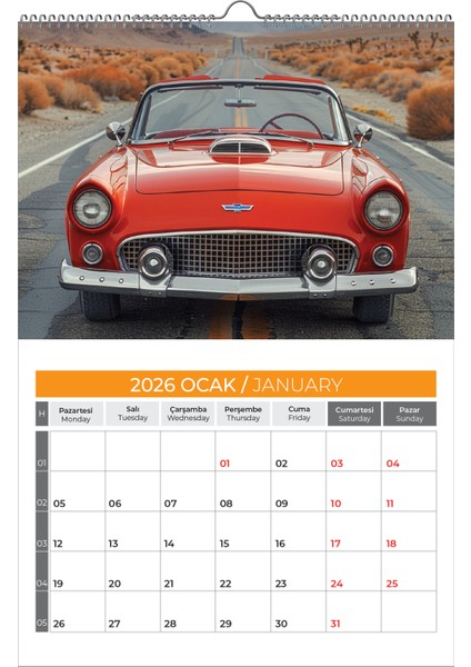 2026 Klasik Araba Duvar Takvimi 33X48 Cm-Planlamalı Model Seçeneği Ile