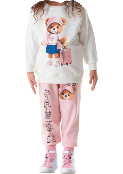 Kız Çocuk Ayıcık Yazı Desenli Ekru Renk Eşofman Takımı