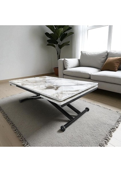 Yan Baştan Açılır Akıllı Yemek Masası Mdf Tabla Alt Mekanizma Metal Siyah Renk