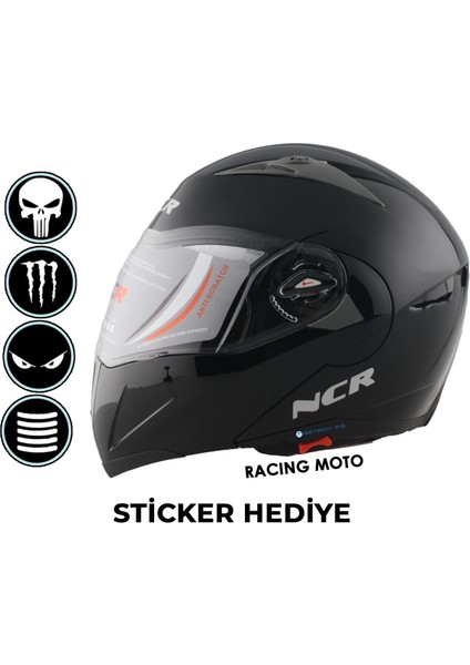 Çene Açılır Parlak Siyah Kask (Ece Belgeli) Sticker Hediyeli