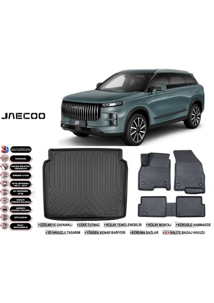 Jaecoo J7 2025 Model Ince Stepneli Bagaj Havuzu Araca Özel Siyah Extra Havuzlu Paspas Takımı