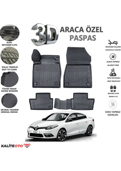 Renault Fluence 2014 Model Tam Uyumlu Kokusuz 3D Havuzlu Paspas