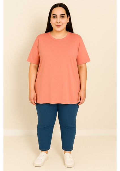 Kadın Büyük Beden Kısa Kollu Basic Oversize T-Shirt 1976-25