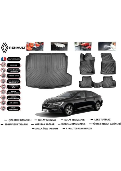 Renault Megane 4 Sedan 2024 Model Sağ Kulaklı Bagaj Havuzu Araca Özel Paspas Takımı Flex