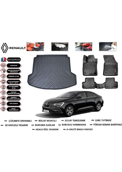 Renault Megane 4 Sedan 2017 Model Çift Kulaklı Bagaj Havuzu Araca Özel Paspas Takımı Flex