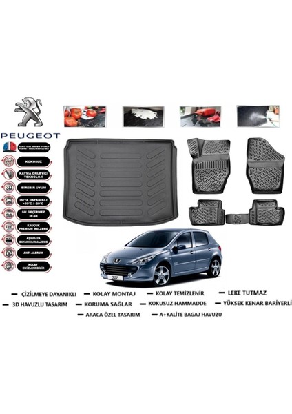 Peugeot 307 Hb 2005 Model Bagaj Havuzu Araca Özel Paspas Takımı Kauçuk