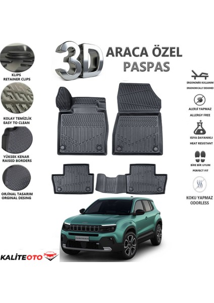 Jeep Avanger 2024 Model Tam Uyumlu Kokusuz 3D Havuzlu Paspas
