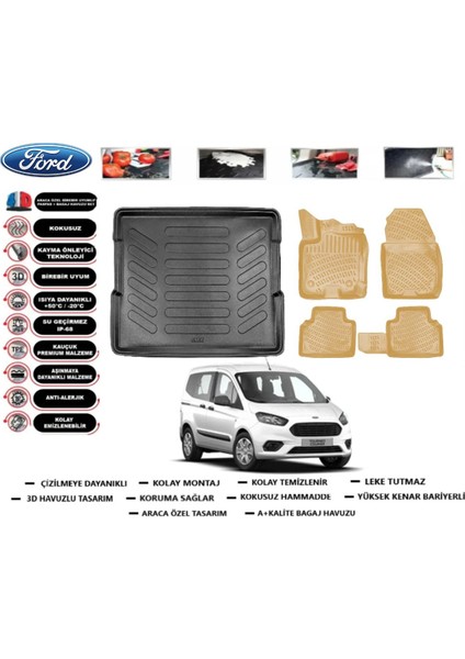 Ford Tourneo Courier 2020 Model Bagaj Havuz Paspası+Araca Özel Bej Paspas Takımı Kauçuk