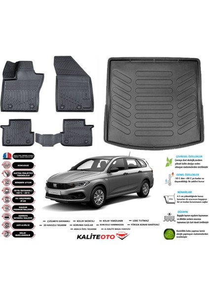 Fiat Egea Station Vagon 2020 Model Üst Esnek Bagaj Havuzu Araca Özel Siyah Paspas Takımı